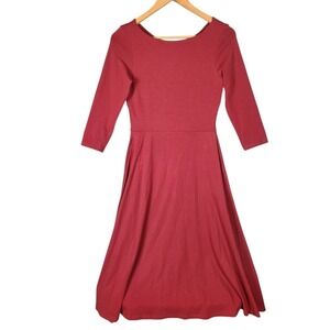Pact Midi Dress Small Burgundy Organic Cotton Fit Flare Twist Back Pockets